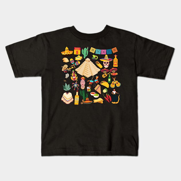 Mexico Travel Icons Kids T-Shirt by FancyPlanet